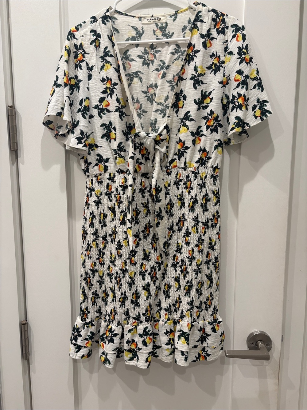 Glamorous White Floral Tie-Front Dress with Yellow & Orange Flowers